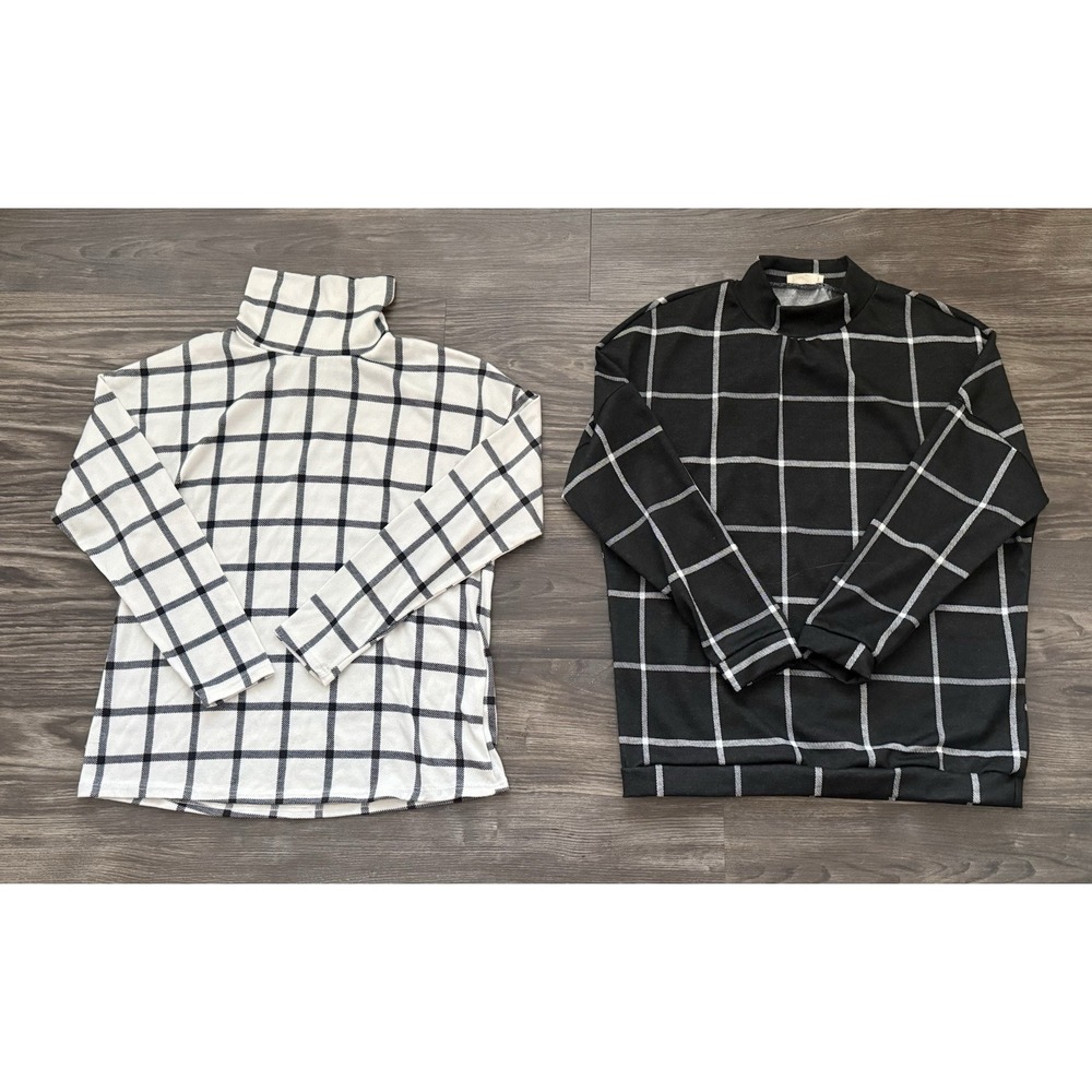 Lot Of 2 Bohme Gingham Print Black And White Long Sleeve Tops Size‎ Small Dressy